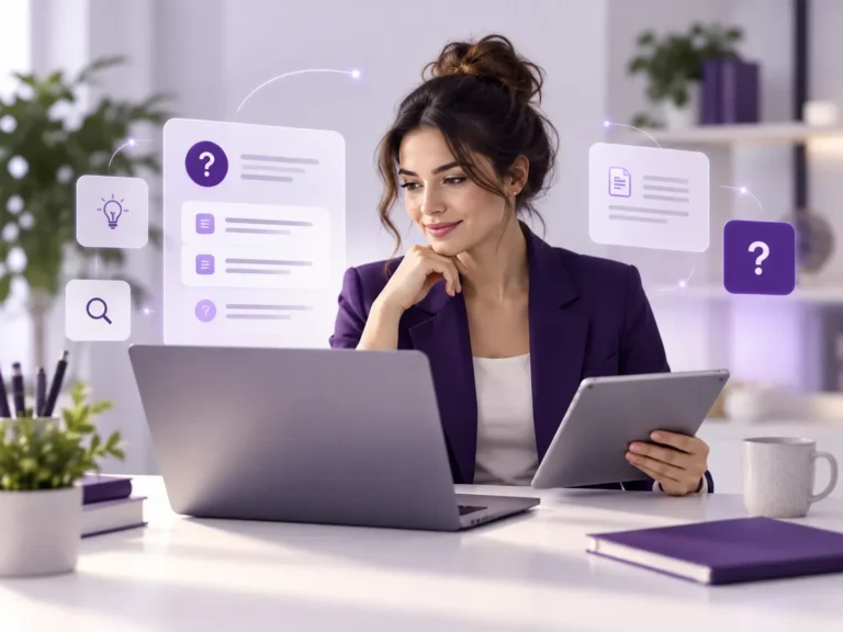 Vrouw gebruikt laptop en tablet om antwoorden en praktische kennis te vinden op een FAQ-platform Random FAQ's