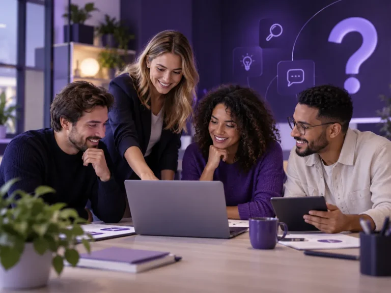 Team werkt samen rond een laptop aan vragen, antwoorden en praktische informatie