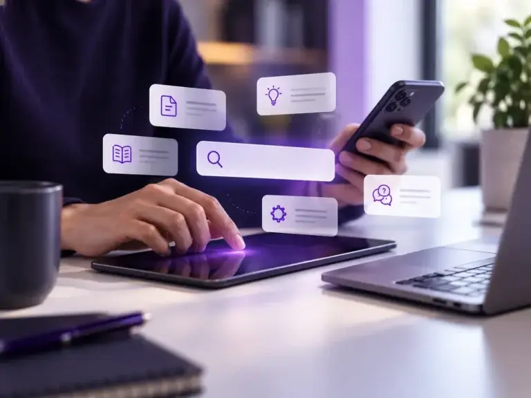 Gebruiker zoekt via tablet en smartphone naar antwoorden en kennis op een digitaal platform