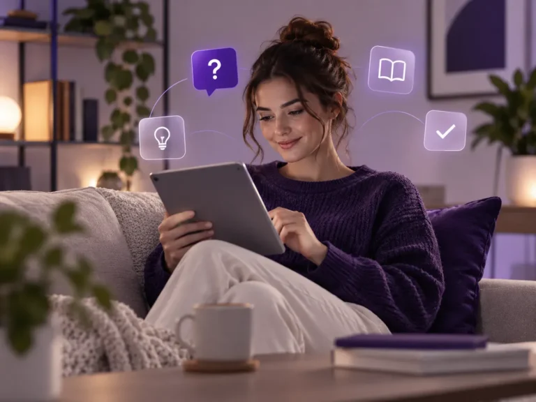 Vrouw leest op een tablet en ontdekt eenvoudig nuttige antwoorden en praktische kennis