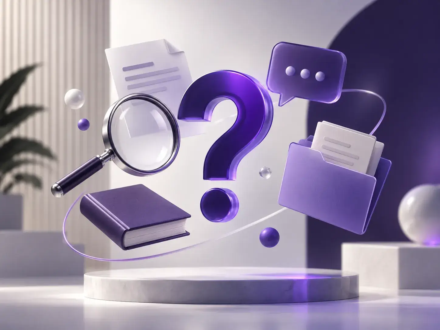 Vergrootglas, vraagteken, boek en documenten als visuele weergave van een FAQ- en kennisplatform