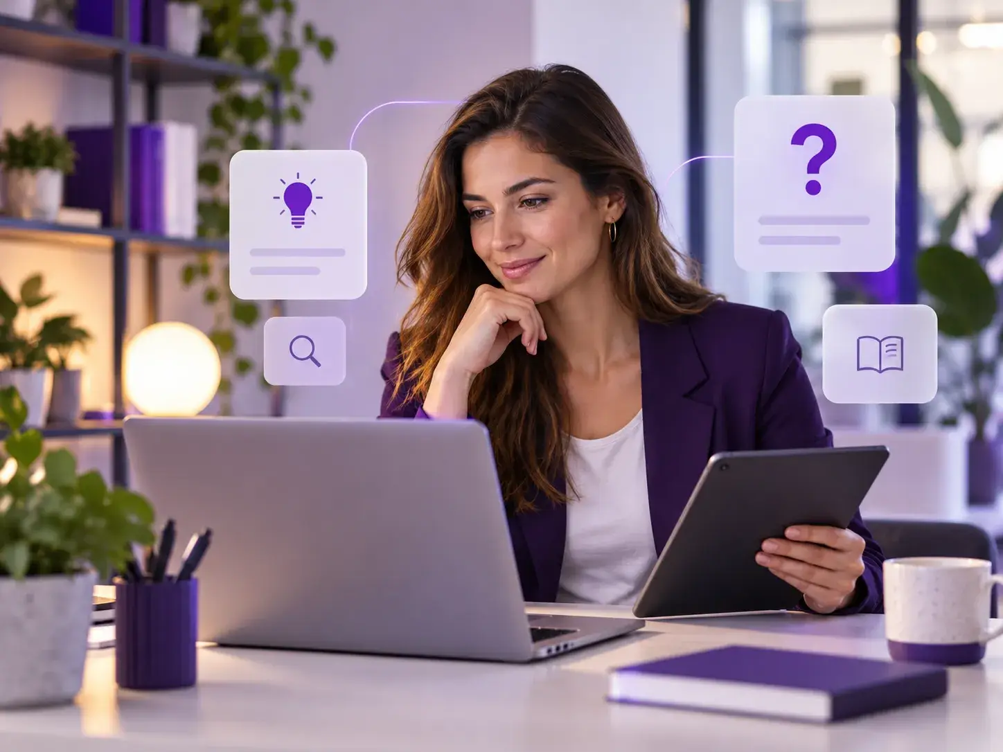 Professionele vrouw werkt met laptop en tablet terwijl visuele elementen verwijzen naar FAQ's, kennis en inspiratie