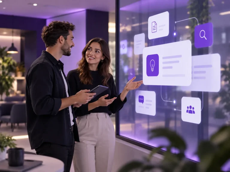 Twee professionals bespreken een digitaal kennisplatform met visuele onderdelen voor zoeken, informatie en FAQ-ondersteuning