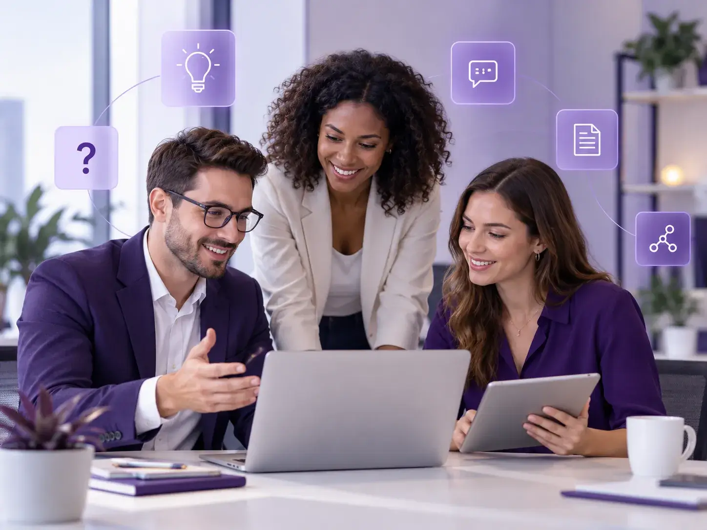 Drie professionals werken samen rond een laptop en tablet binnen een modern FAQ- en kennisplatform met paarse visuele accenten Partners