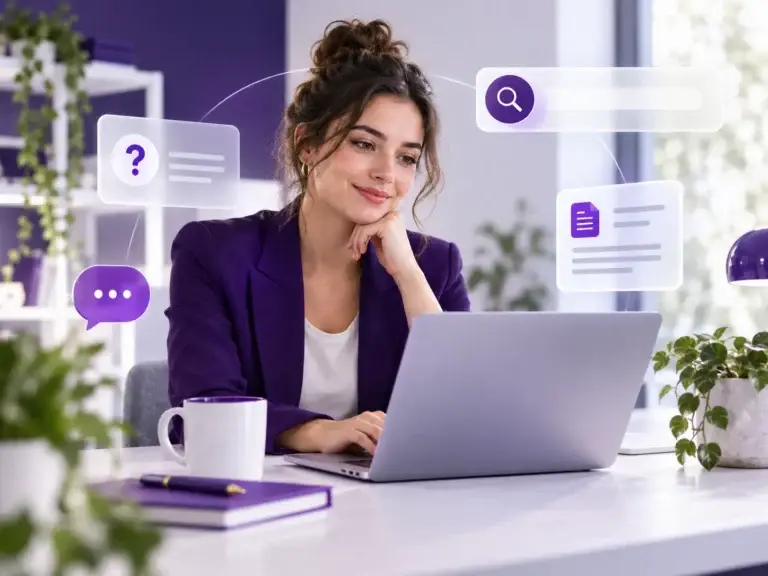 Professionele vrouw werkt op een laptop in een moderne paarse werkomgeving met visuele elementen voor zoeken, vragen en FAQ-ondersteuning