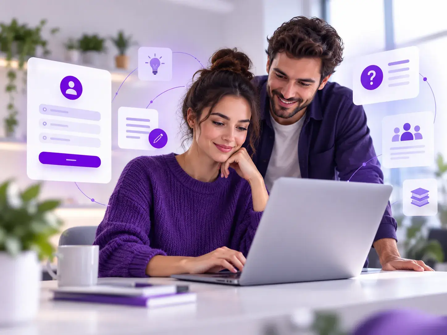 Twee professionals werken samen achter een laptop in een moderne paarse werkomgeving met visuele elementen voor registratie, kennisdeling en een FAQ-platform Registreer